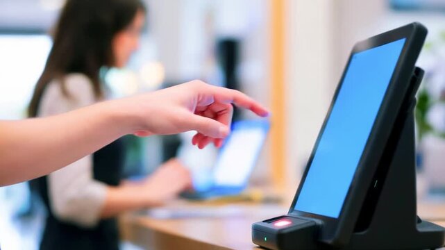 Hand touching digital screen with icons, a person in the background at a register