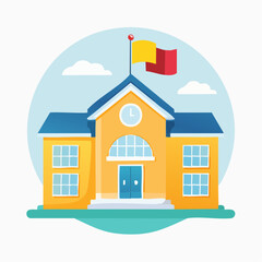 Illustration of a yellow school building with a clock and a flag on top.
