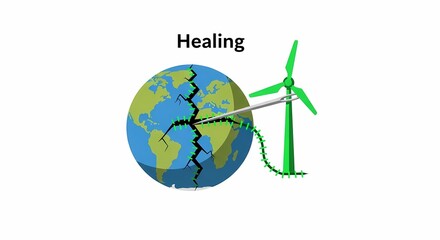 Naklejka premium Illustration of Wind Turbine Repairing a Cracked Earth Globe Symbolizing Environmental Healing and Renewable Energy Solutions
