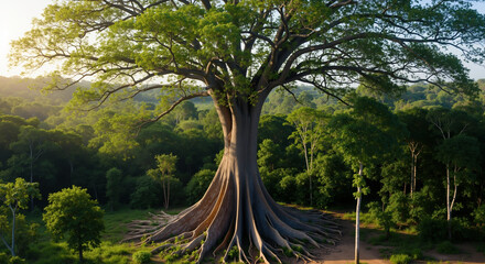 Large baobab tree with visible roots standing in green forest. Old giant tree in natural environment for ecological preservation and nature awareness campaigns