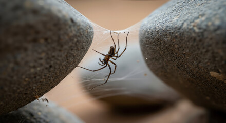 Spider hanging on web between rocks. Arachnid predator in natural habitat for wildlife education and ecosystem balance awareness campaigns