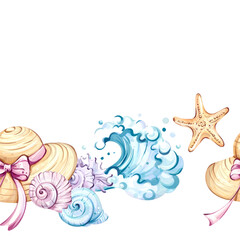 Seamless pattern wallpaper background featuring summer vacation elements like beach hats, seashells, and ocean waves, ideal for festive occasions and commercial use