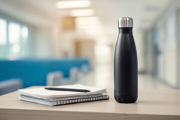 Stylish Black Water Bottle on Table with Notebook and Pen in Office