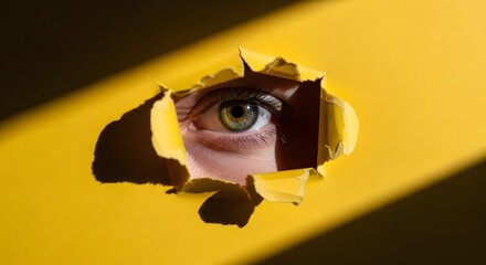 Intriguing eye peers through a torn yellow paper, casting a shadow and creating a sense of mystery and curiosity, inviting viewers to explore the unknown