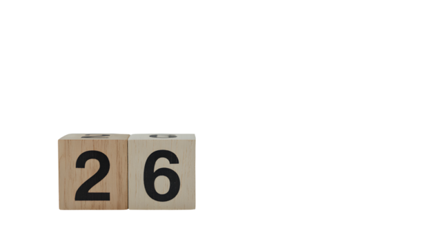 Wooden blocks number cubes counting education learning teaching math arithmetic numeral digit twenty six on transparent background