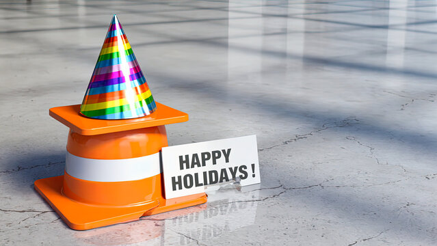 Colorful party hat on an orange traffic cone with a happy holidays sign on a clean polished floor. Construction and celebration concept for card.