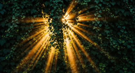 Sunlight streaming through dense forest canopy with green foliage. Natural woodland environment for forest conservation and environmental protection campaigns