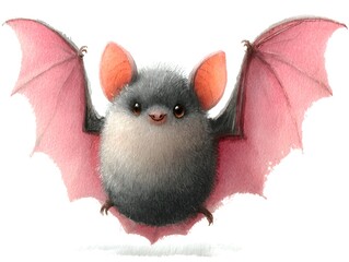 Watercolor illustration featu a cute, fluffy bat with pink wings flying on a white background artfully crafted.