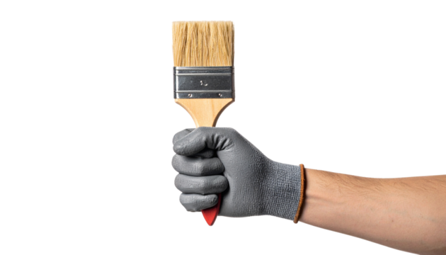 A protective gloved hand holds a classic wooden paintbrush, an indispensable tool for home improvement, creative artistry, and professional painting endeavors, isolated on white
