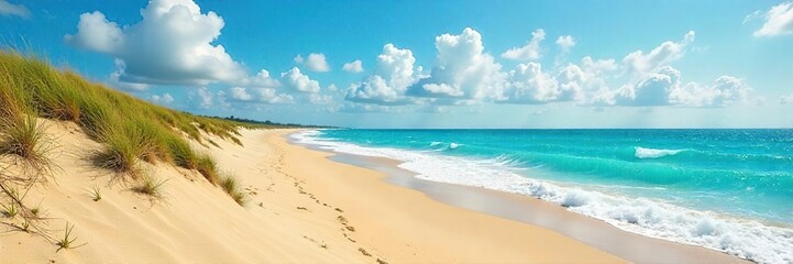 Fototapeta premium Serene Coastal Paradise Golden Sands Meet Turquoise Ocean Under a Vibrant Summer Sky, Perfect for Travel and Vacation Imagery