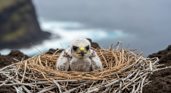Young seabird chick with fluffy gray feathers sitting in grass nest. Bird offspring in natural coastal habitat for wildlife conservation and nesting behavior education campaigns