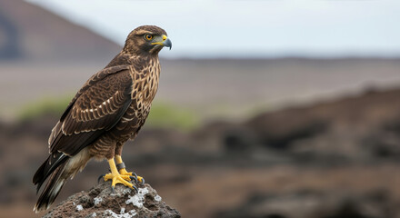 Hawk perched on rocky outcrop with sharp curved beak and alert expression. Raptor hunting behavior and mountain habitat adaptation. Birdwatching and ornithology research