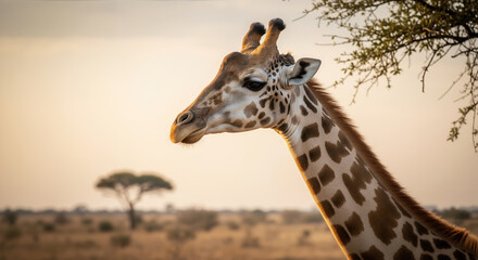 Giraffe head and neck with distinctive spotted pattern against savanna background. African wildlife portrait and herbivore feeding adaptation. Safari tourism and conservation