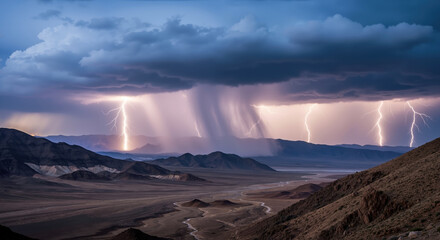 Lightning storm over desert mountains with dramatic clouds and multiple strikes. Extreme weather event in arid landscape for climate studies and natural phenomena education campaigns