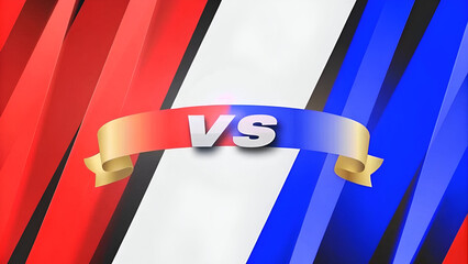 Dynamic VS Versus Screen Background for Competition or Battle. Modern 3D Graphic Design with Red, Blue, White Stripes, and Golden Ribbon Banner.