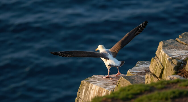 Seagull with outstretched wings landing on rocky coastal ledge near ocean. Marine bird behavior and coastal habitat adaptation. Birdwatching and seabird observation content