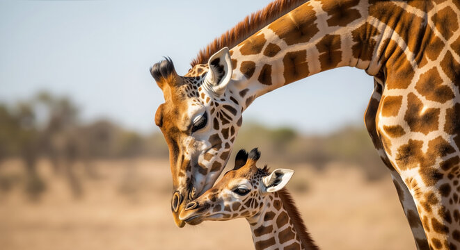 Adult giraffe with baby calf in natural African savanna habitat. Mother and offspring mammals for wildlife conservation and family behavior awareness campaigns - Powered by Adobe
