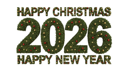 Happy christmas new year celebration holiday xmas festive greetings decoration 2026 season december event on transparent background