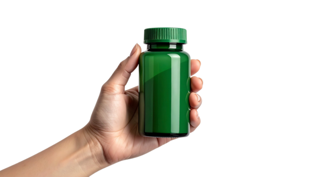 Green Pills Bottle Holding in Hand Healthcare, Medicines and Supplements Stock Image