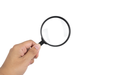 Hand holding a magnifying glass on a white background, representing investigation and discovery with focus