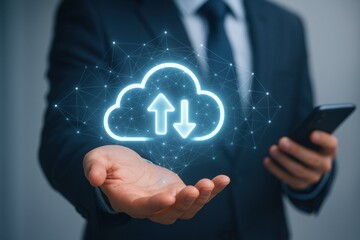 Business Professional Holding Smartphone with Cloud Upload and Download Icons in Modern Office Setting