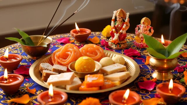 Diwali celebration table with traditional sweets, lit diyas, and flickering incense. Puja arrangement for hindu festival, footage.