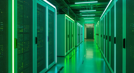 Ethereal Green Glow: Data Center Server Room Corridor