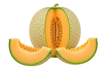 Isolated cantaloupe melon on a plain surface, sliced open with wedge pieces in summer still life