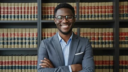 African American man with glasses in gray jacket smiling near bookshelves - Powered by Adobe