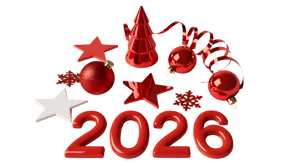 Celebrate new year holiday decoration ornaments stars snowflakes christmas tree red white 2026 festive on transparent background