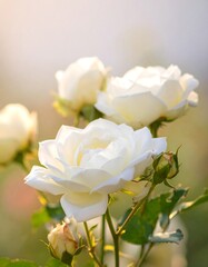 Delicate white roses in soft sunlight