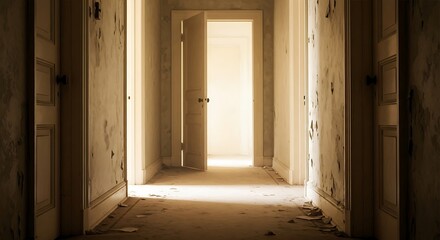 Eerie abandoned hallway with peeling walls and open doors, hinting at mystery and decay, perfect for suspenseful storytelling or atmospheric designs evoking forgotten places