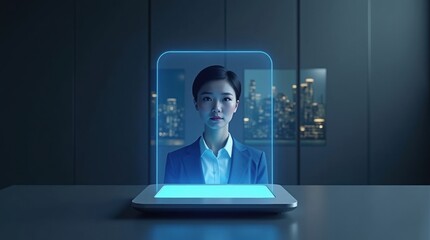 Futuristic businesswoman appears on a digital holographic display in office