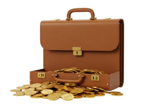 Isolated leather briefcase with gold coins scattered around, rich man's business concept