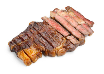 Pieces of delicious grilled beef steak isolated on white