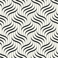 Seamless pattern with geometric wave lines. Endless stylish texture featuring a ripple monochrome background and a linear woven grid. Bold interlaced vector swatch.