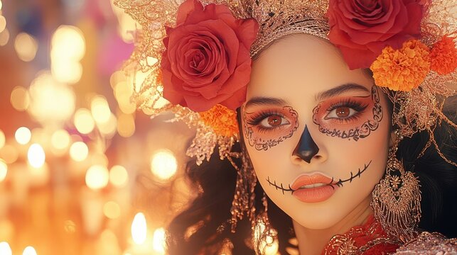 Dia de Muertos Celebration: A beautifully adorned woman with intricate sugar skull makeup and floral crown. Expressing reverence for departed loved ones during Day of the Dead celebrations.