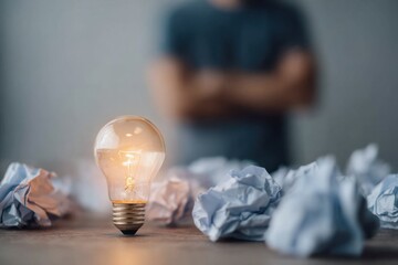 Lightbulb Moment Brightens Thinking Process Amidst Crumpled Papers During Daytime