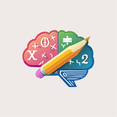Brain with math symbols and pencil, representing mathematical thinking and problem-solving.