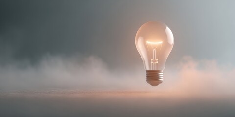 Glowing Lightbulb Floats in Misty Air, Symbolizing a Bright Idea in a Soft Focus Background