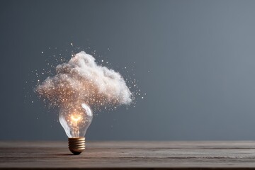 Lightbulb Glows With Cloud of Particles Sitting on a Wooden Table Against Gray Background