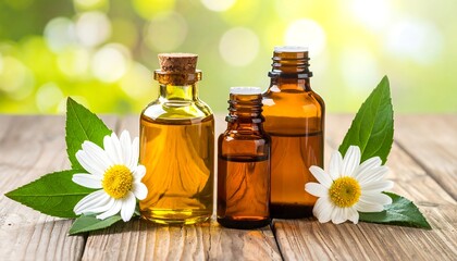 Three amber glass bottles of liquid, possibly essential oils, sit on a wooden surface.  Fresh chamomile flowers and leaves surround the bottles.  Blurred green background