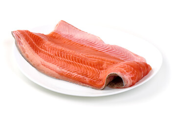 Raw Salmon Fillet on Plate, isolated on white background