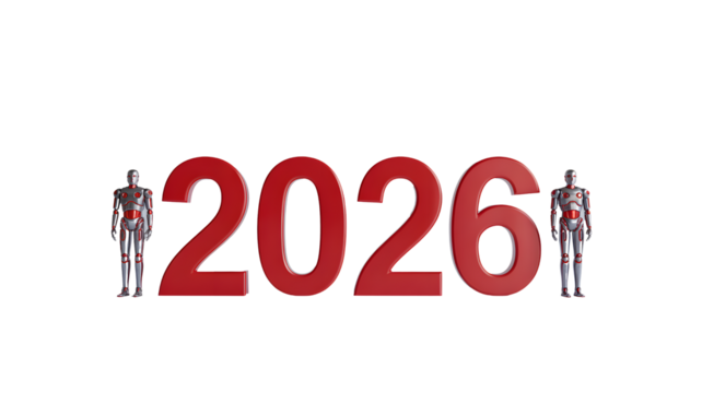 Robots future technology ai artificial intelligence automation innovation year prediction rendering 2026 on transparent background