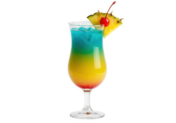 Isolated Hurricane cocktail with pineapple slice and maraschino cherry on a clear glass