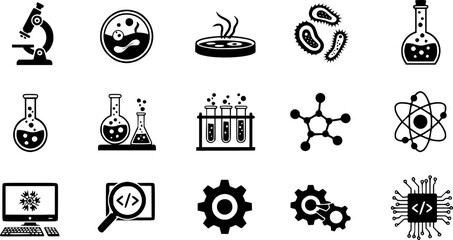 Fototapeta premium Science and technology icon set: microscopic, chemical, and digital elements in silhouette style 