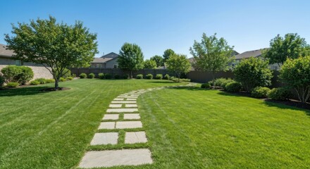 Obraz premium Backyard with stone path and lush lawn, sunny day