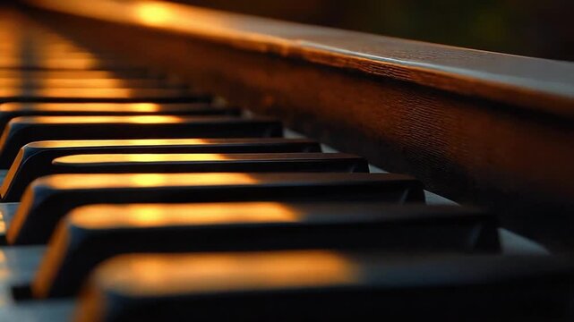 Close-up of a piano keyboard with warm lighting.