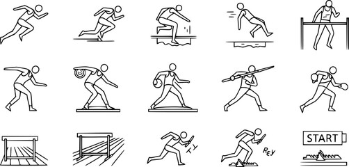 Minimalist icons depicting athletic track and field events in linear style
