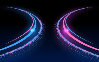 A digitally created image shows glowing, curving lines forming a futuristic design, giving a sense of motion and energy. The lines are blue and pink, adding to the dynamic feel
